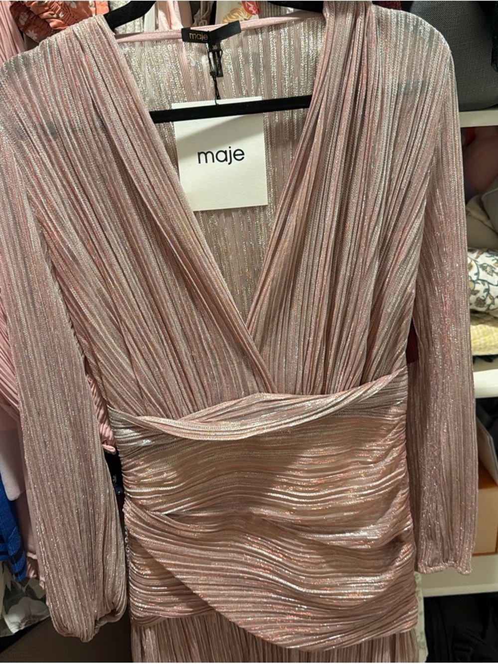 Maje Metallic Pink Pleated Wrap-Style Dress